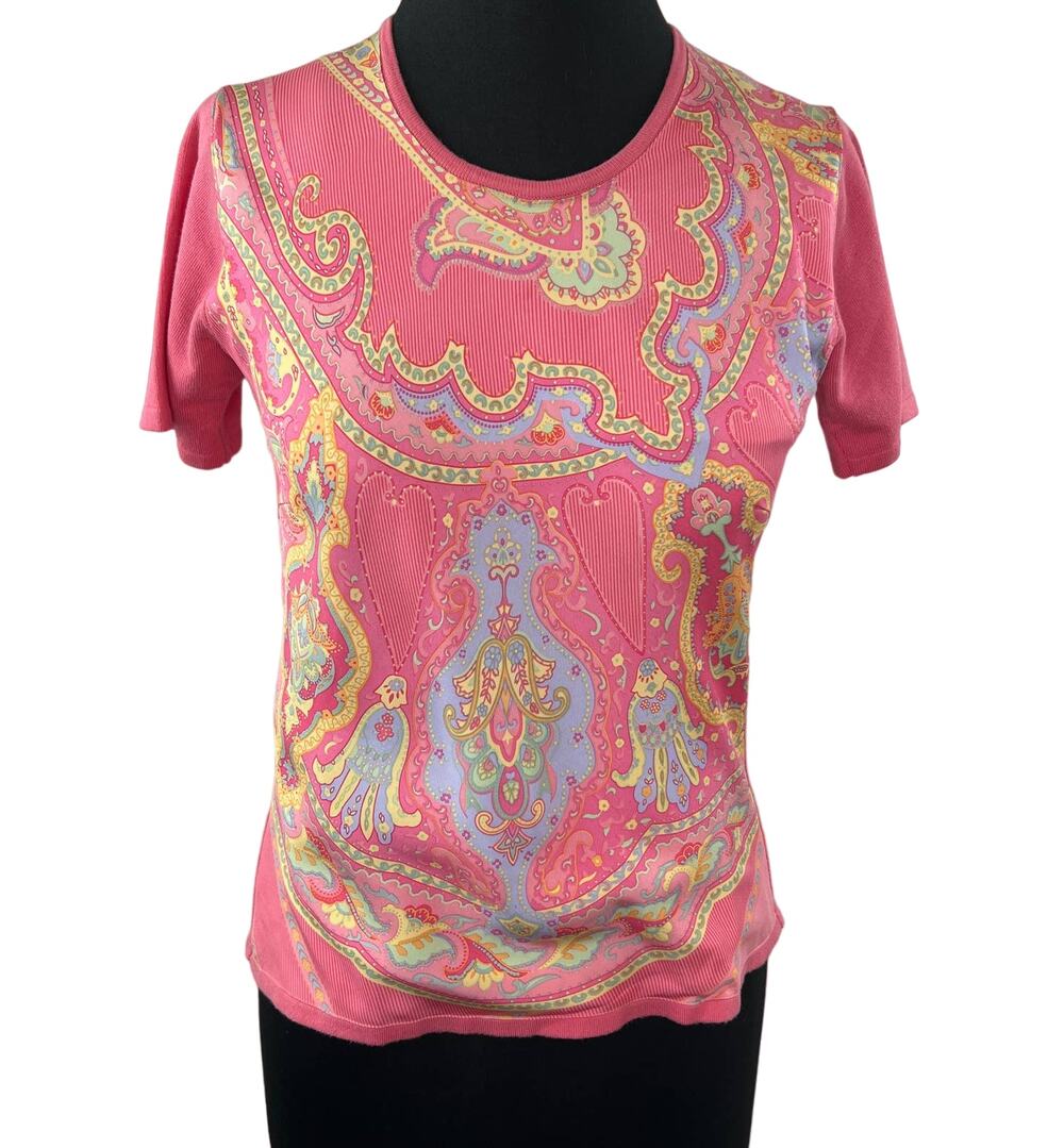 McLaughlin Coral Abstract Print Round Neck Short Sleeve Casual Women's Top Sz S